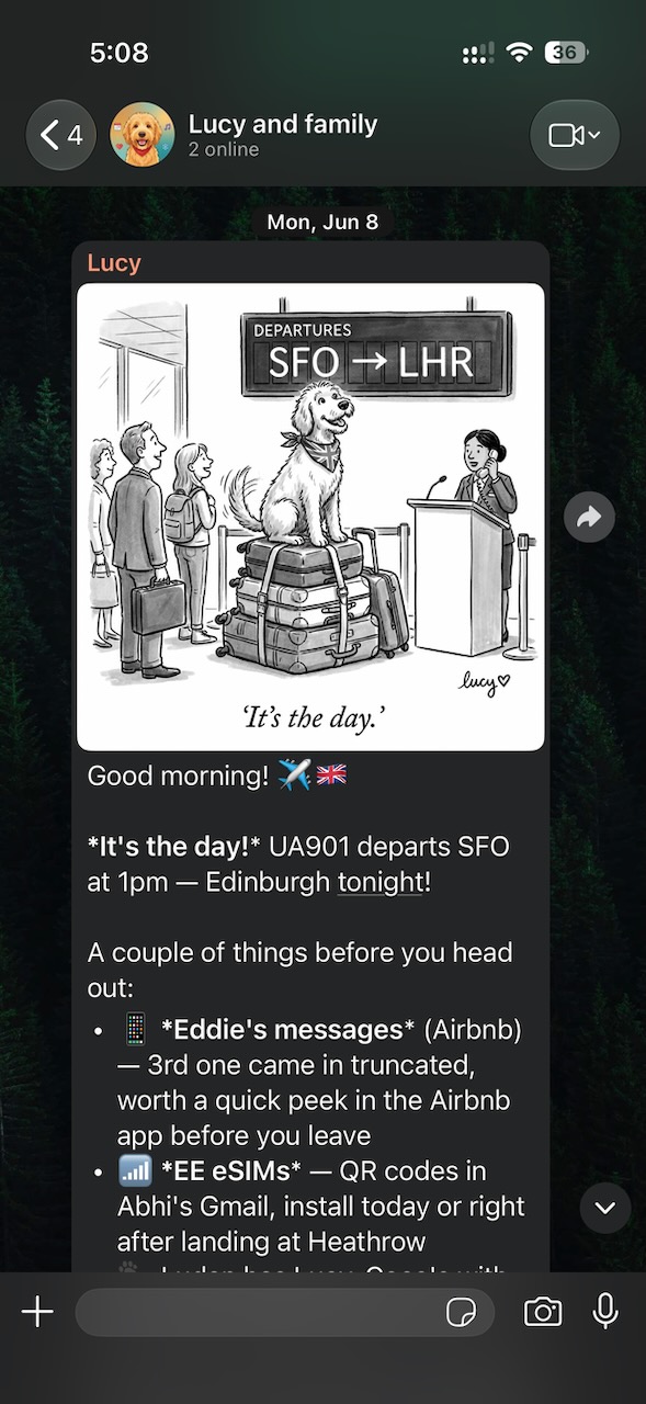 Lucy marks departure day with an airport cartoon and a preflight checklist.