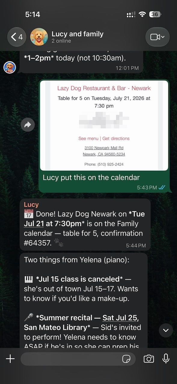 Lucy turns a reservation screenshot into a confirmed calendar entry.
