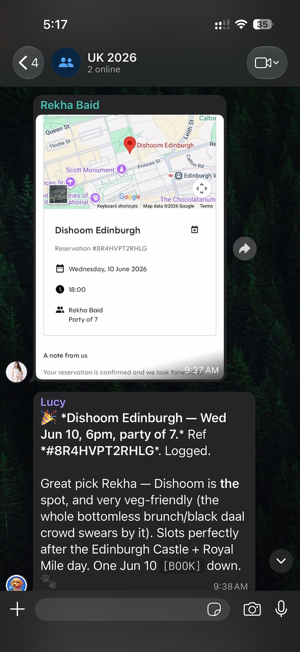 Lucy logs a Dishoom reservation and explains how it fits the day’s plan.
