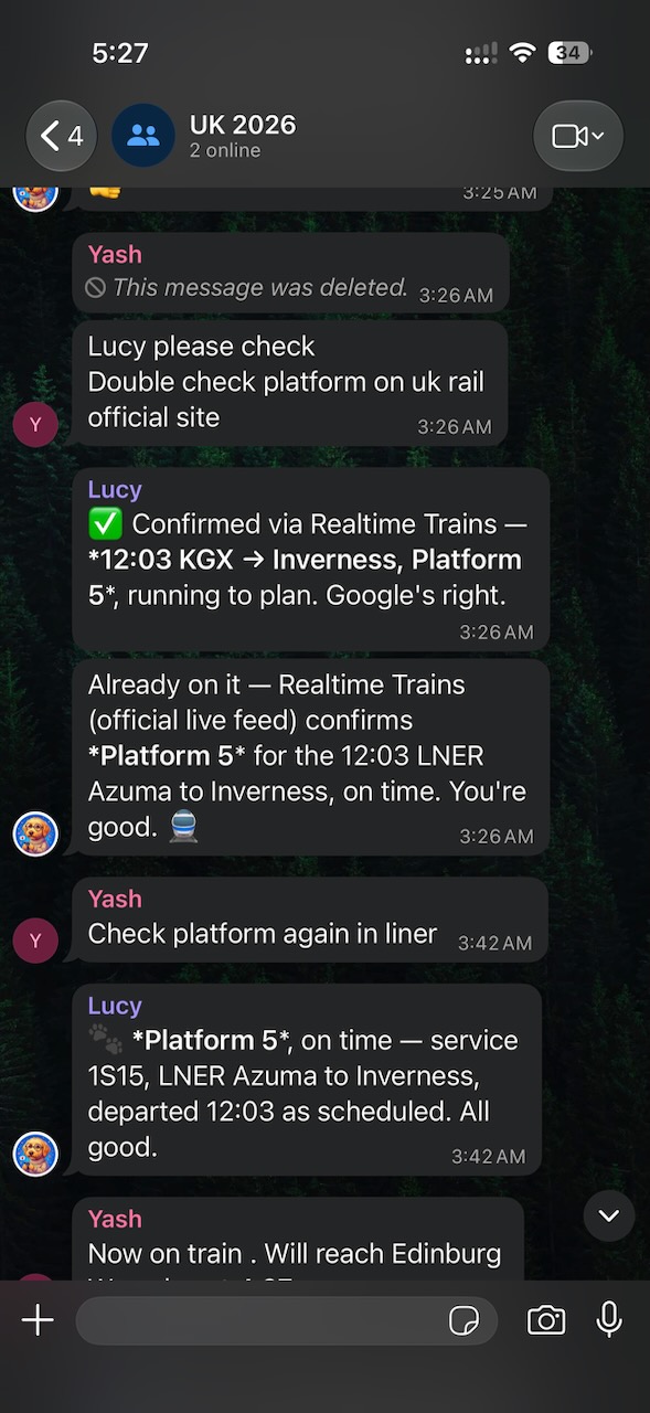 Lucy confirms the departure platform and on-time status from live rail data.