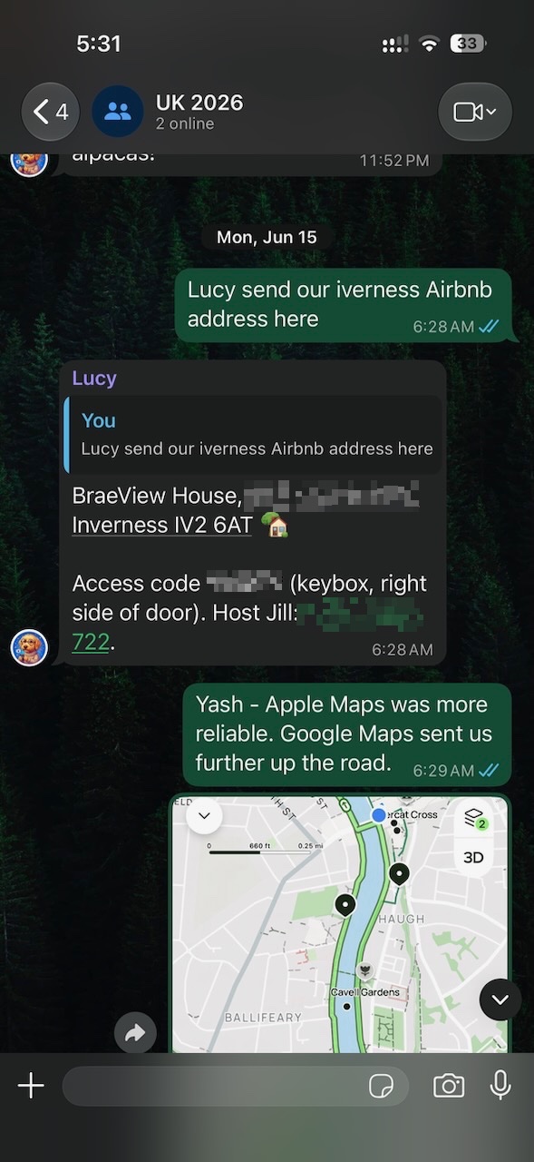 Lucy replies instantly with the Airbnb address and access code.