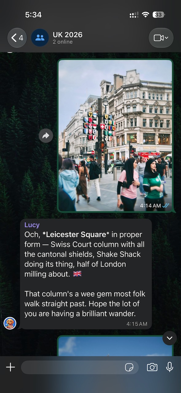 Lucy recognizes Leicester Square from a shared photo and adds local color.