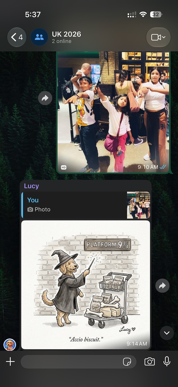Lucy replies to a family photo with a whimsical custom cartoon.